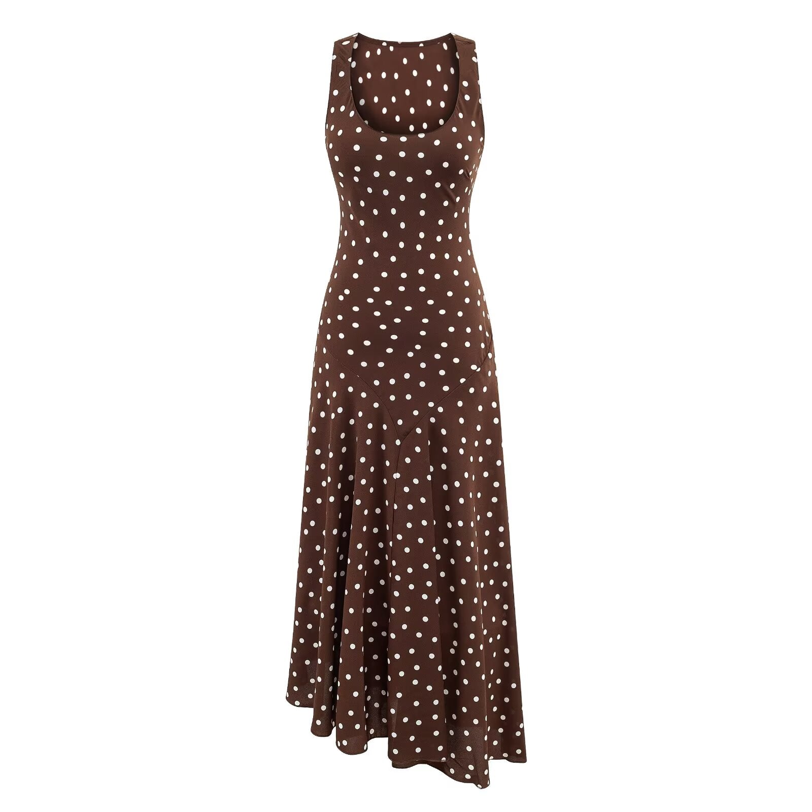 Mature Retro Square Collar Fitted Waist Polka Dots Dress Women Summer Sleeveless Slim Fitting Patchwork Irregular Asymmetric Polka Dot Maxi Dress
