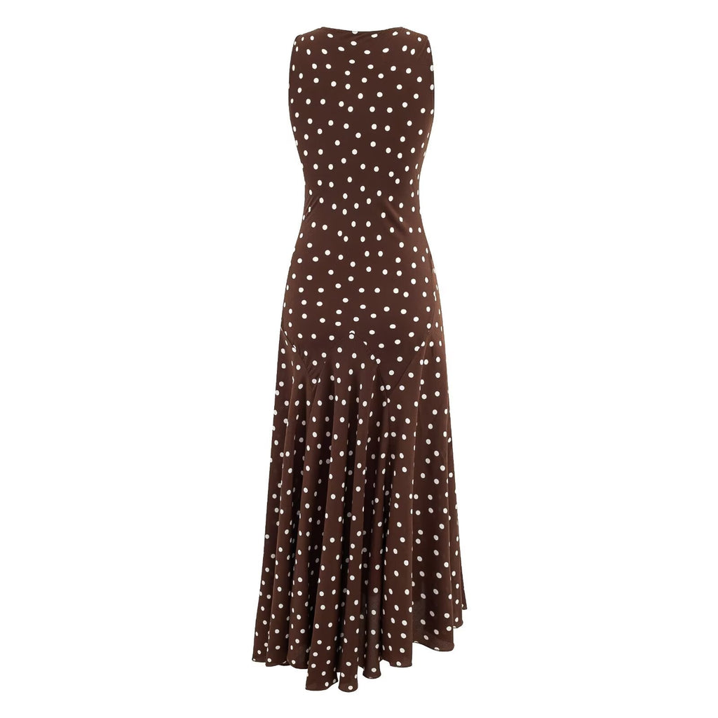 Mature Retro Square Collar Fitted Waist Polka Dots Dress Women Summer Sleeveless Slim Fitting Patchwork Irregular Asymmetric Polka Dot Maxi Dress
