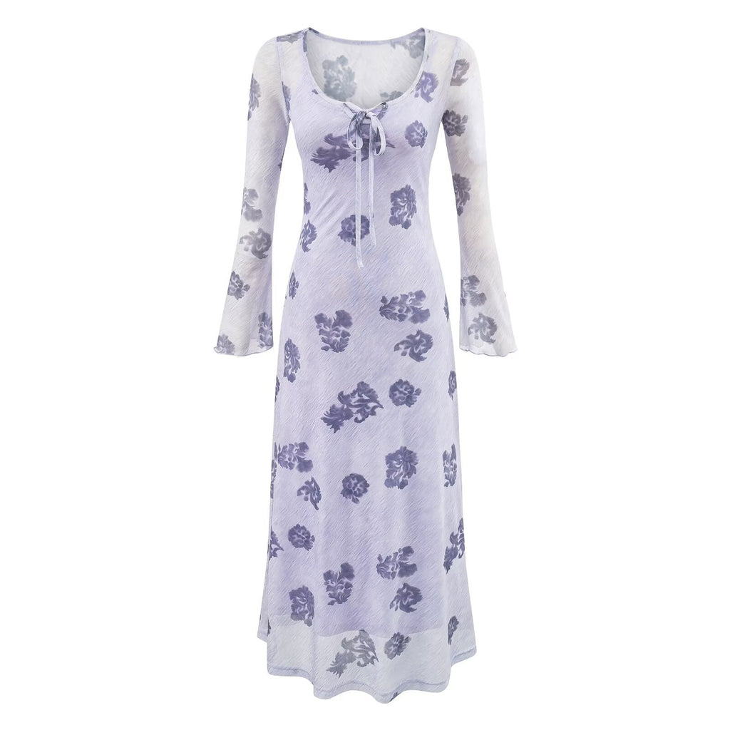 Winter Young Elegant Formal Dress Retro Printed Square Collar Slim Dress