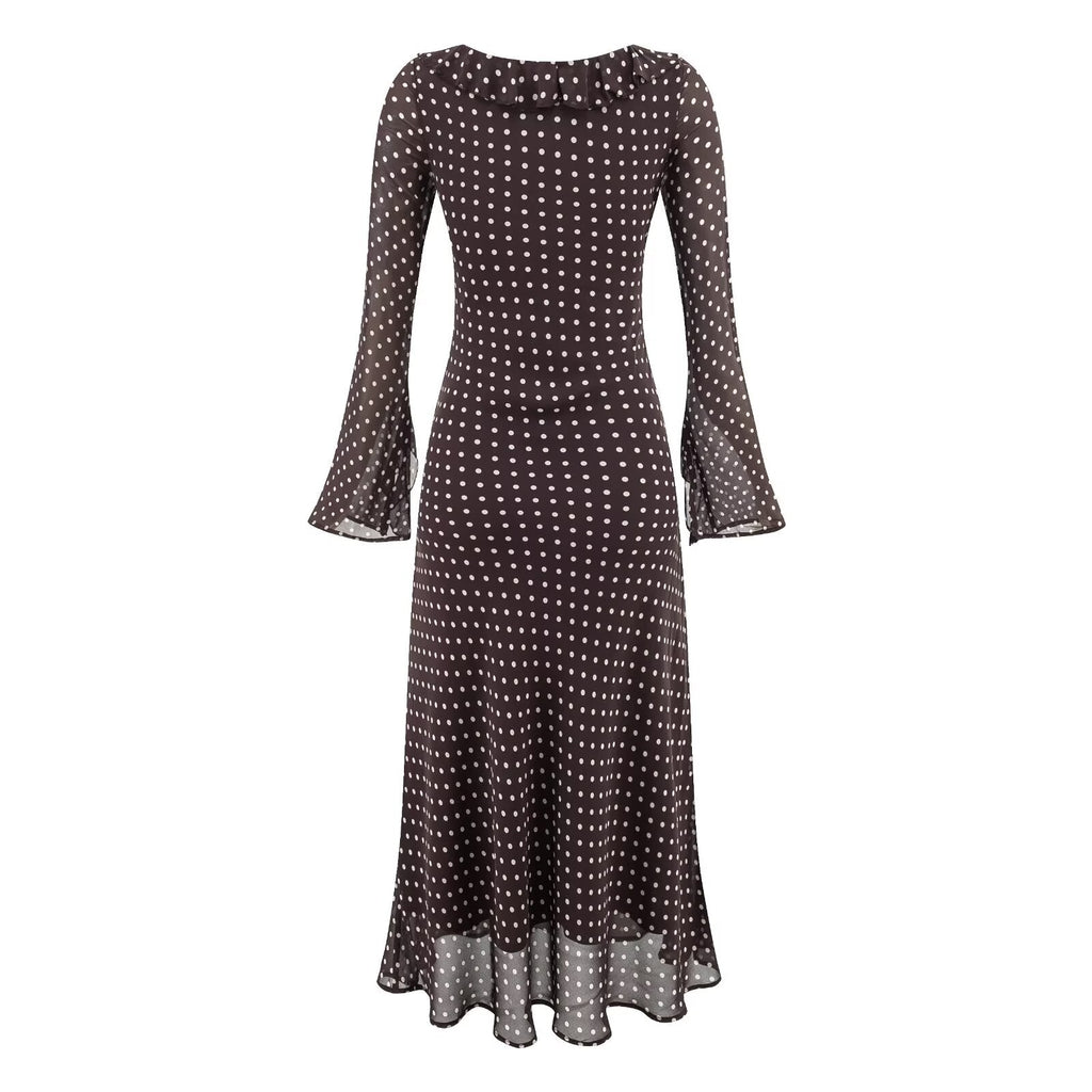 High Grade Polka Dot Printing Collared Lace up Split Cuff Dress Autumn Tight Waist Slim Fit Maxi Dress