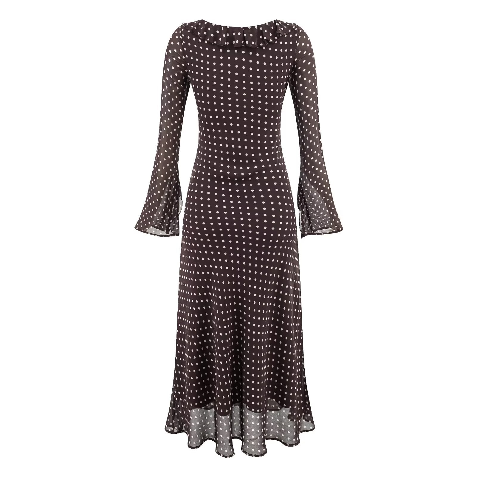 High Grade Polka Dot Printing Collared Lace up Split Cuff Dress Autumn Tight Waist Slim Fit Maxi Dress