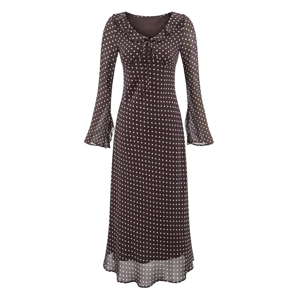 High Grade Polka Dot Printing Collared Lace up Split Cuff Dress Autumn Tight Waist Slim Fit Maxi Dress