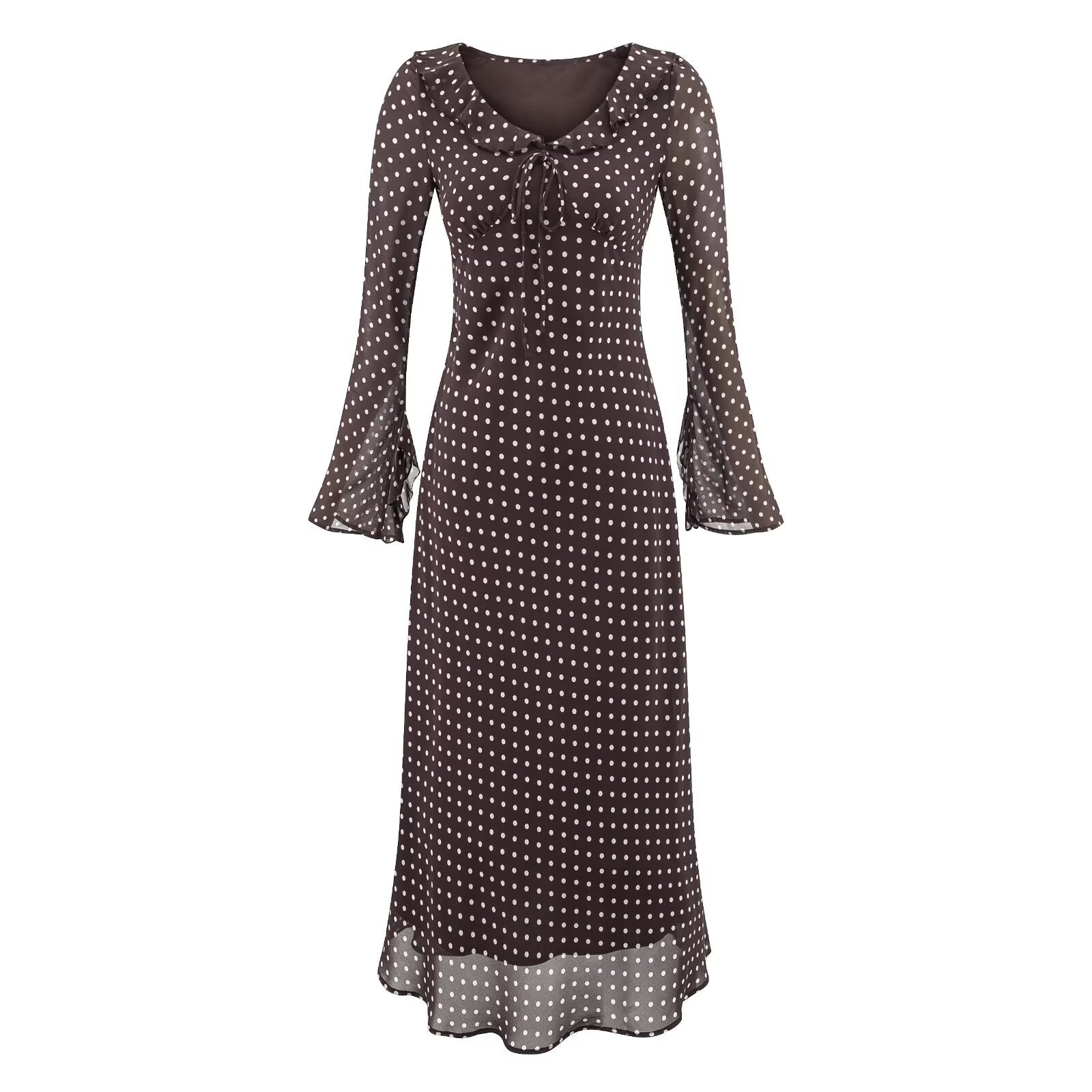 High Grade Polka Dot Printing Collared Lace up Split Cuff Dress Autumn Tight Waist Slim Fit Maxi Dress