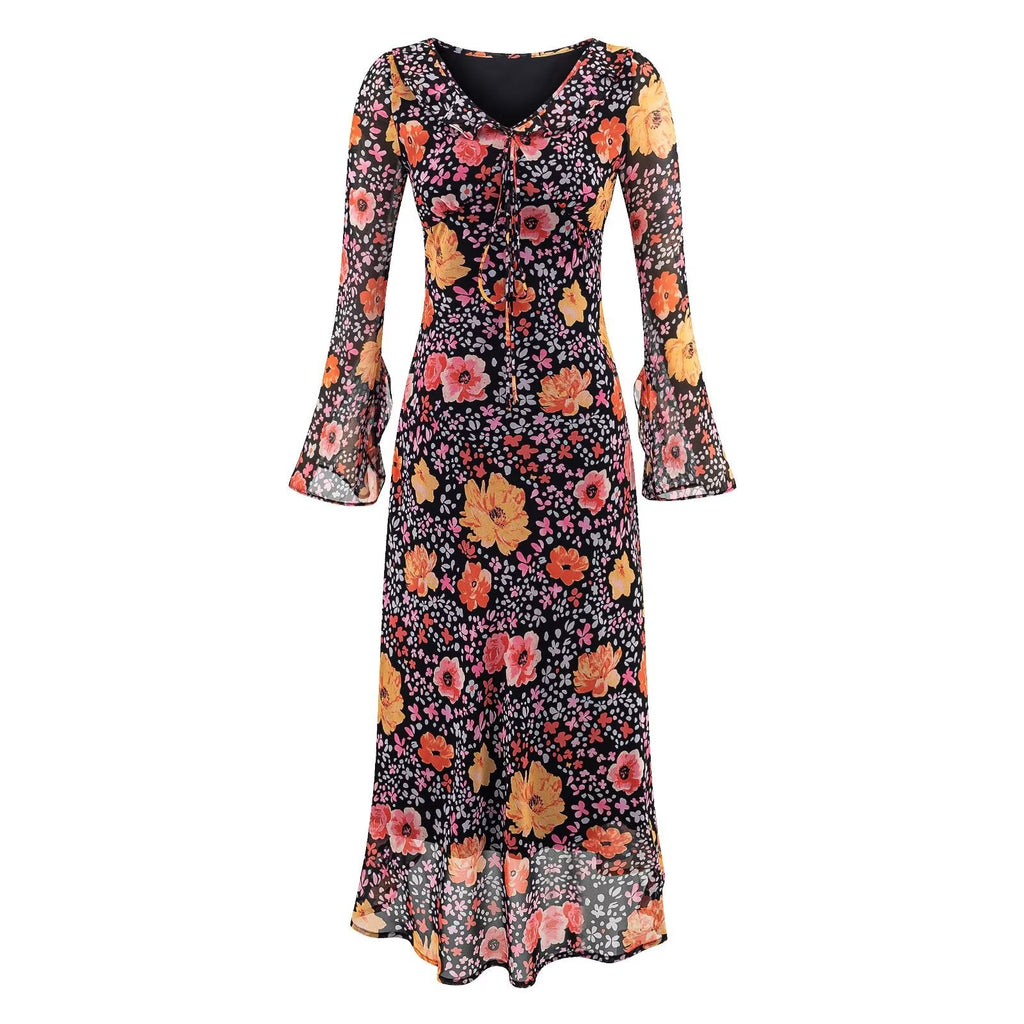 Autumn Women Long Sleeved Printed Midi Dress