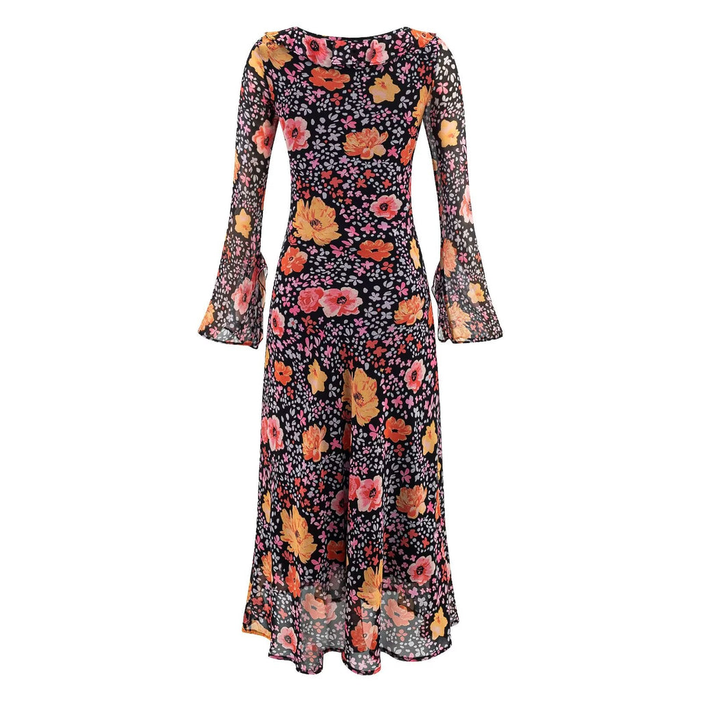 Autumn Women Long Sleeved Printed Midi Dress