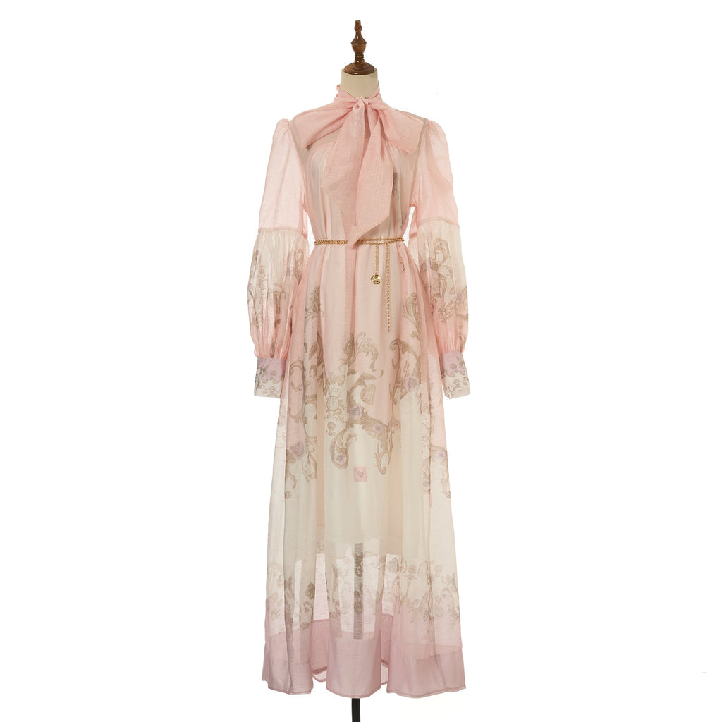 Women Loose Fitting V Neck Lantern Shaped Long Sleeved Wide Skirted Printed Dress
