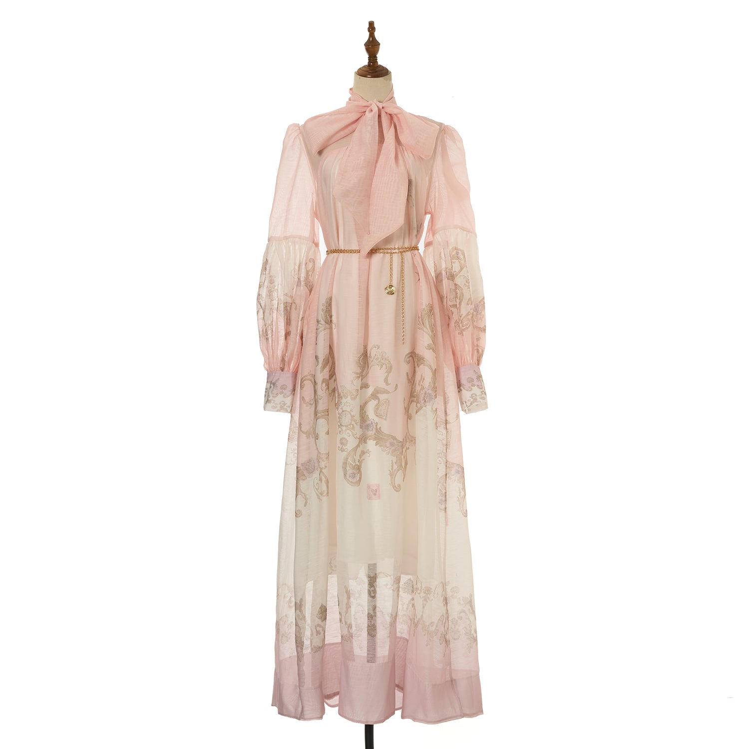 Women Loose Fitting V Neck Lantern Shaped Long Sleeved Wide Skirted Printed Dress