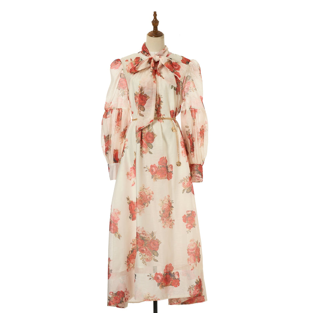 Women Loose Fitting V Neck Lantern Shaped Long Sleeved Wide Skirted Printed Dress