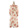 Women Loose Fitting V Neck Lantern Shaped Long Sleeved Wide Skirted Printed Dress