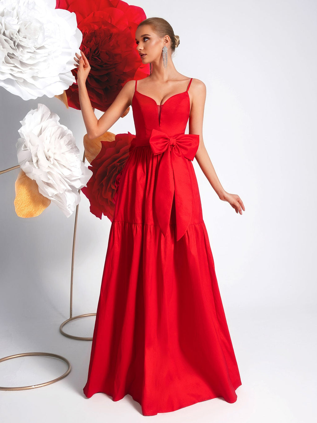 Big Bowknot Red Slip Dress Deep V Plunge Waist Tight Socialite Light Luxury Cocktail Party Evening Dress