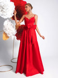 Big Bowknot Red Slip Dress Deep V Plunge Waist Tight Socialite Light Luxury Cocktail Party Evening Dress