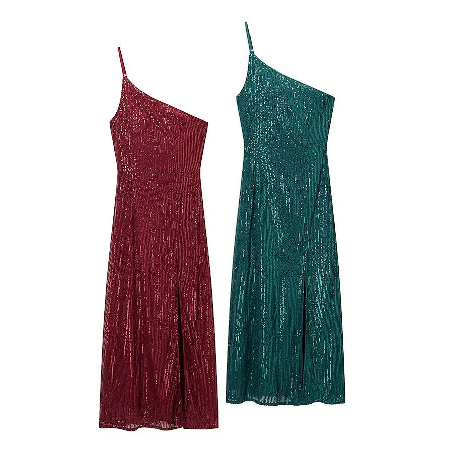 Winter Sexy Wind Shoulder Single Shoulder Suspender Split Dress