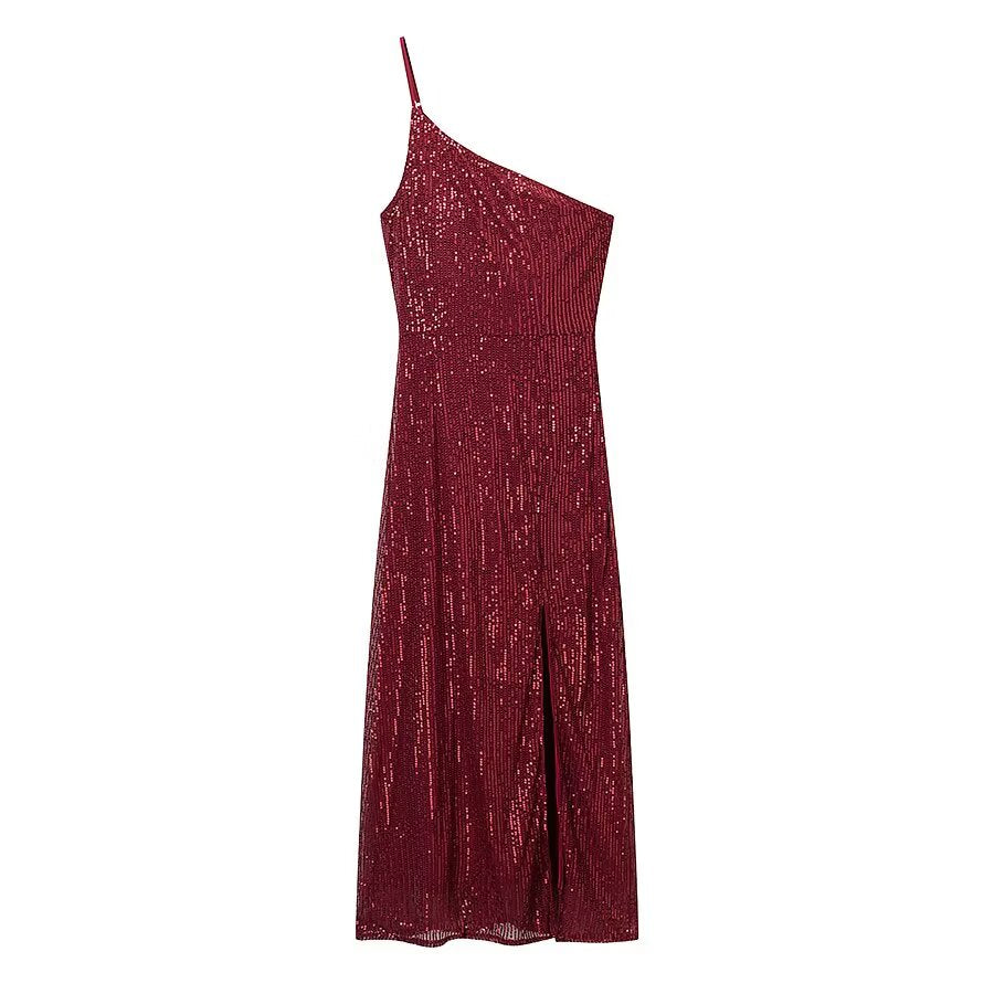Winter Sexy Wind Shoulder Single Shoulder Suspender Split Dress