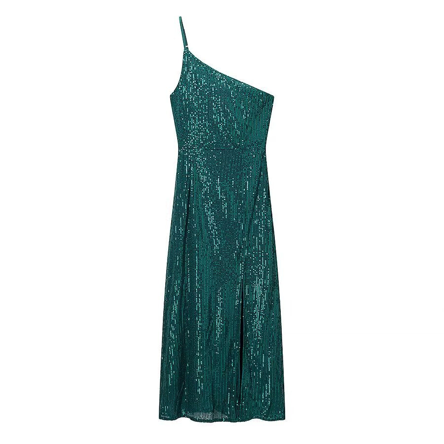 Winter Sexy Wind Shoulder Single Shoulder Suspender Split Dress