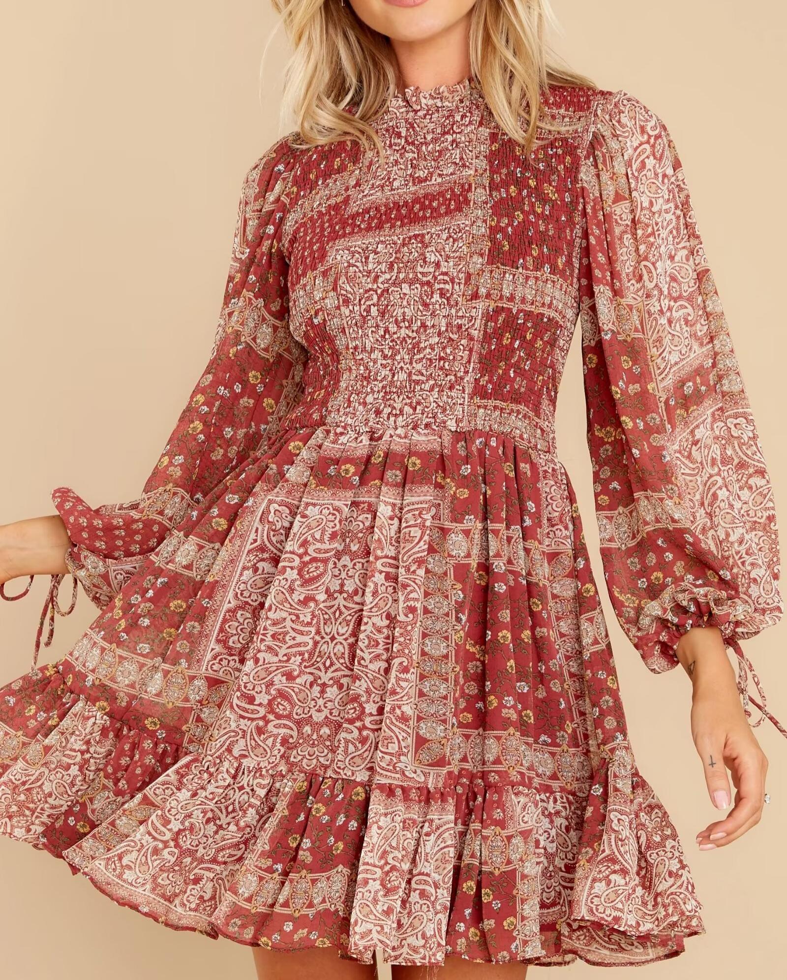 Women Clothing Western Imitation Bow Tie Cuff Patchwork Printed Dress