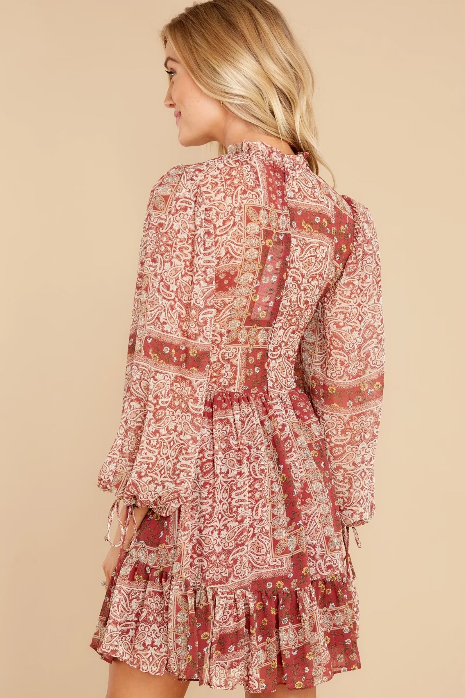 Women Clothing Western Imitation Bow Tie Cuff Patchwork Printed Dress