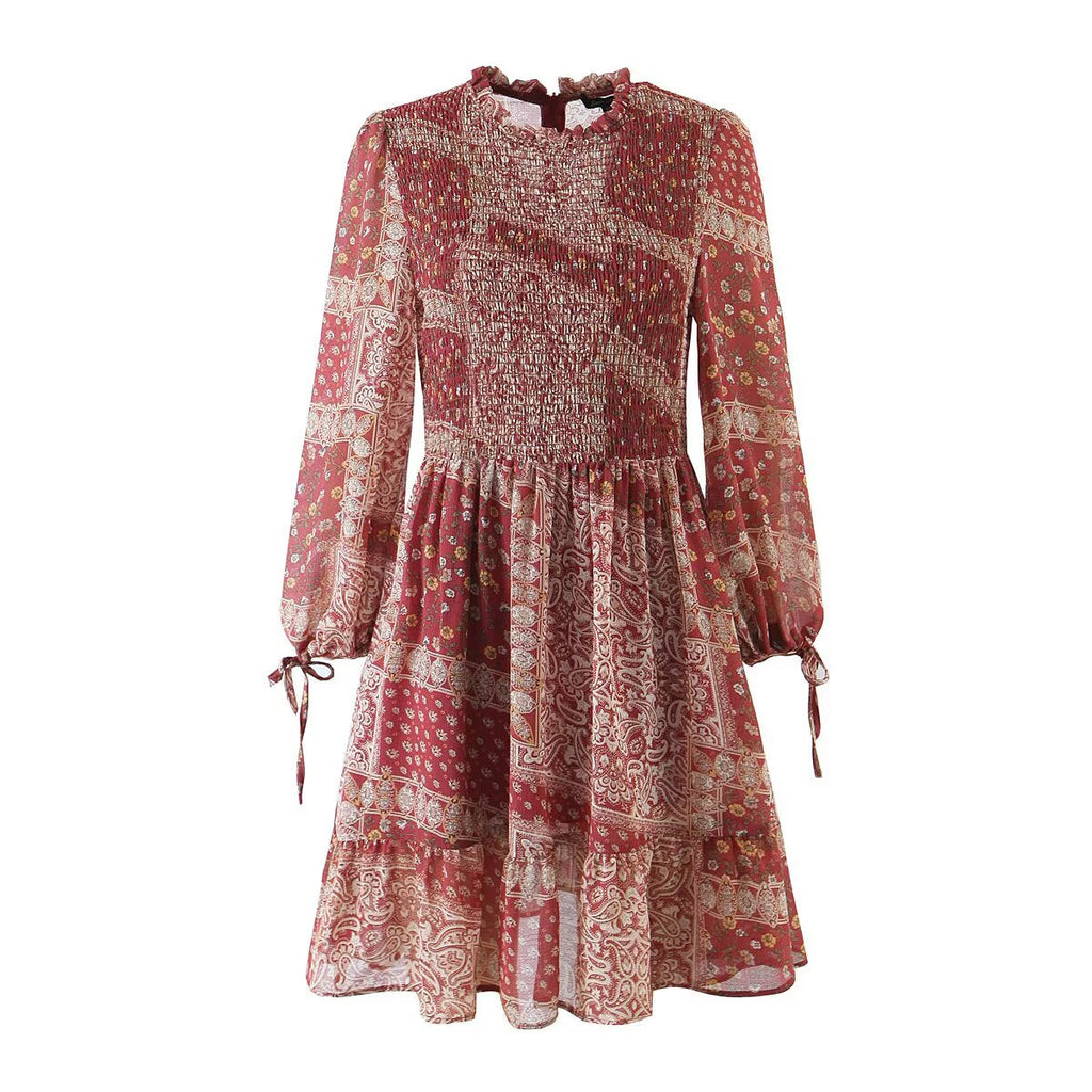 Women Clothing Western Imitation Bow Tie Cuff Patchwork Printed Dress