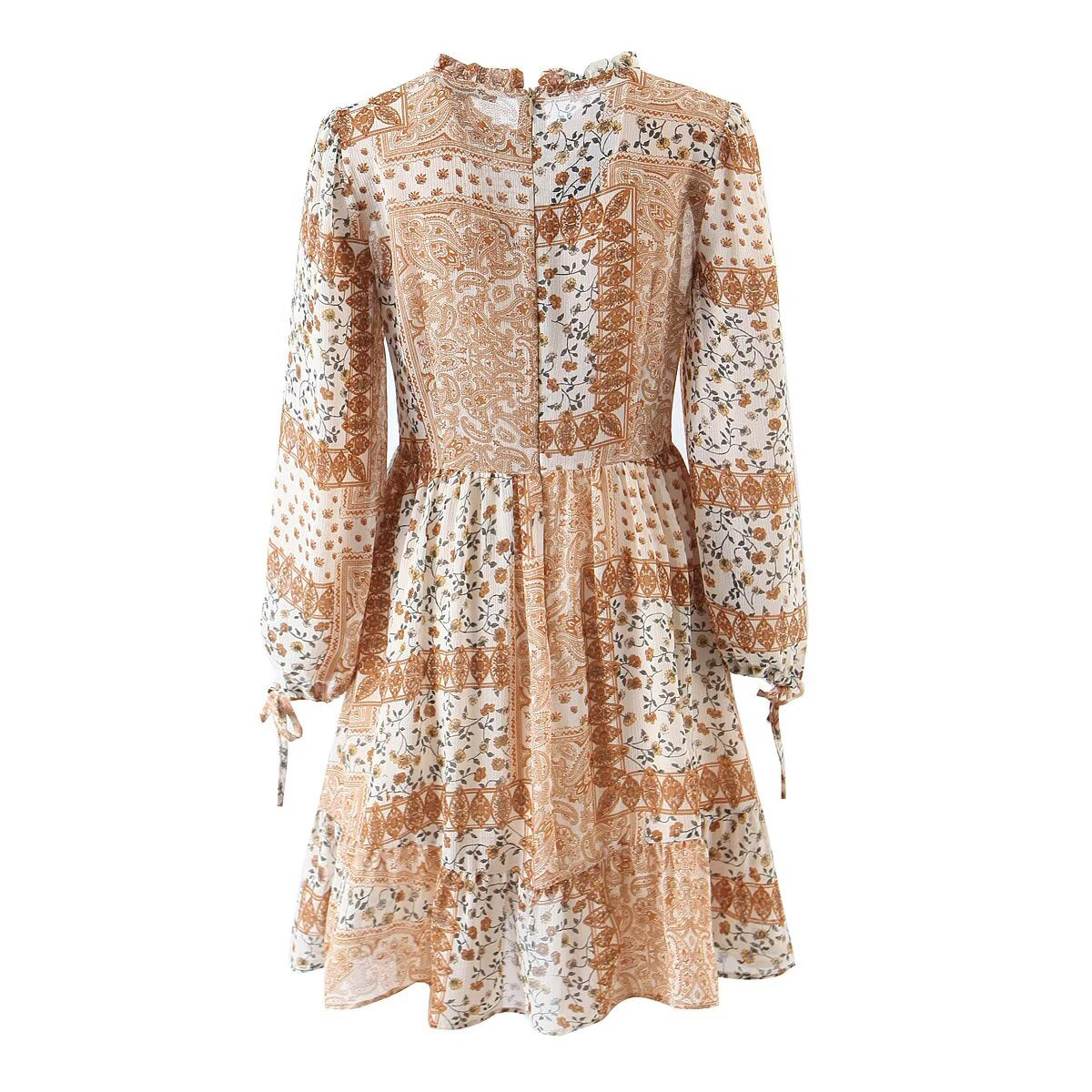 Women Clothing Western Imitation Bow Tie Cuff Patchwork Printed Dress