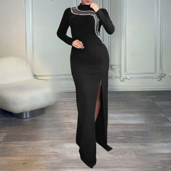 Women Wear Sexy Slim Fit Slit Drill Chain Long Sleeve Dress