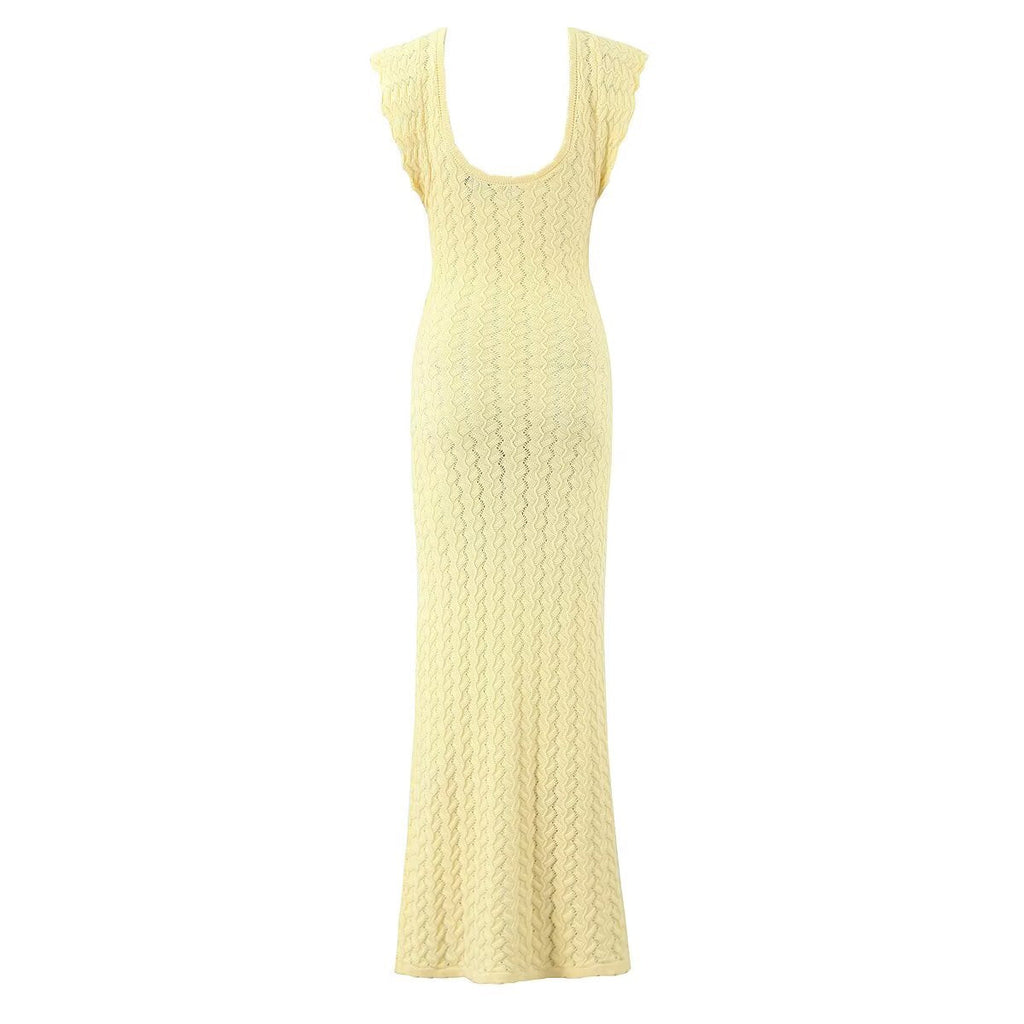 V neck Vintage Crocheted Knitted Dress Slimming Design Waist Tight Elegant Pure French Maxi Dress