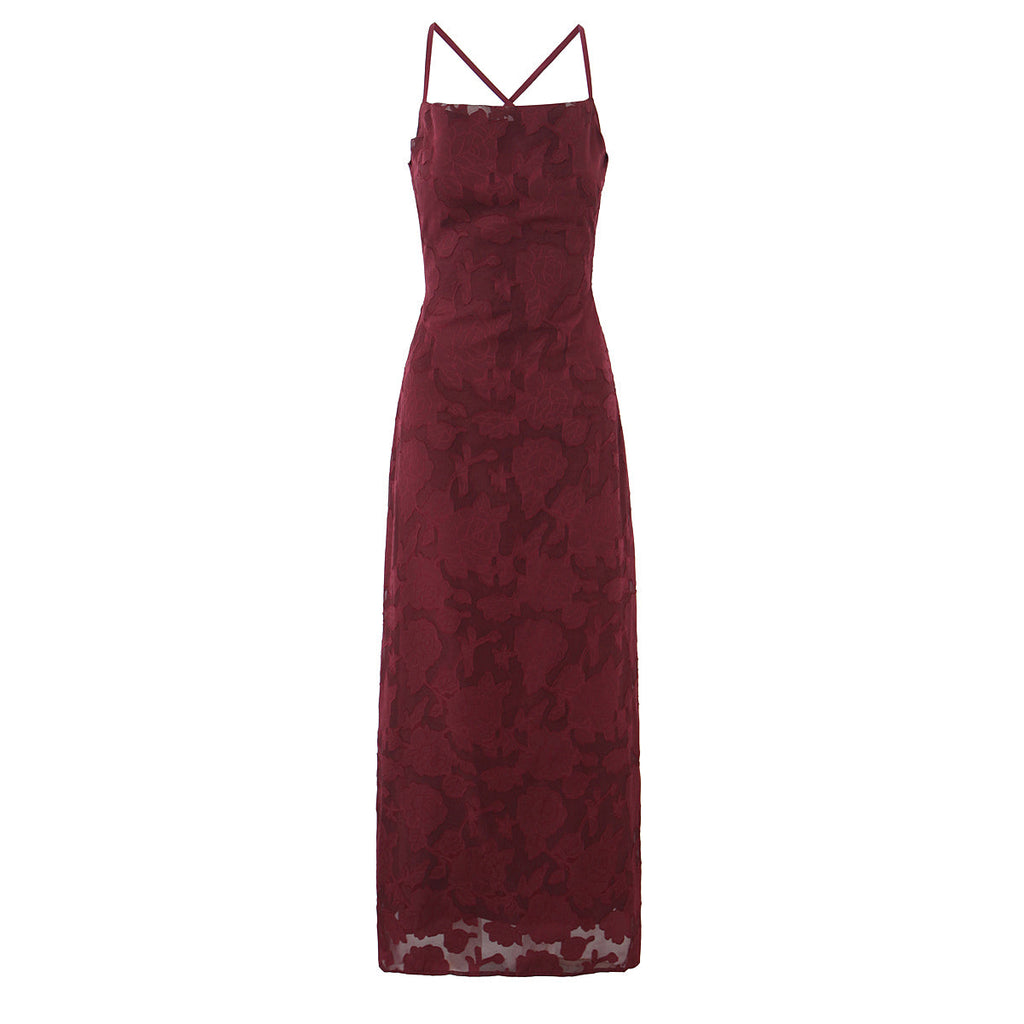 Off Shoulder Fitted Waist Backless Lace up Strap Dress Women Retro Elegant Jacquard French Maxi Dress