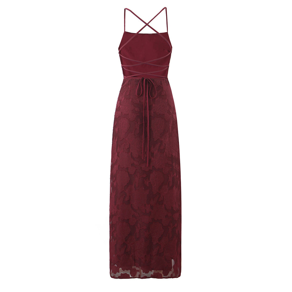 Off Shoulder Fitted Waist Backless Lace up Strap Dress Women Retro Elegant Jacquard French Maxi Dress
