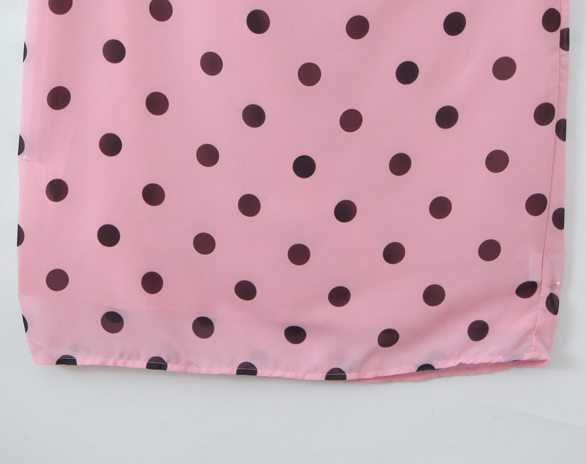 Gentle Elegant Pink Polka Dot Brace Dress Women Vintage Backless Lace up Design Tight Waist Maxi Dress