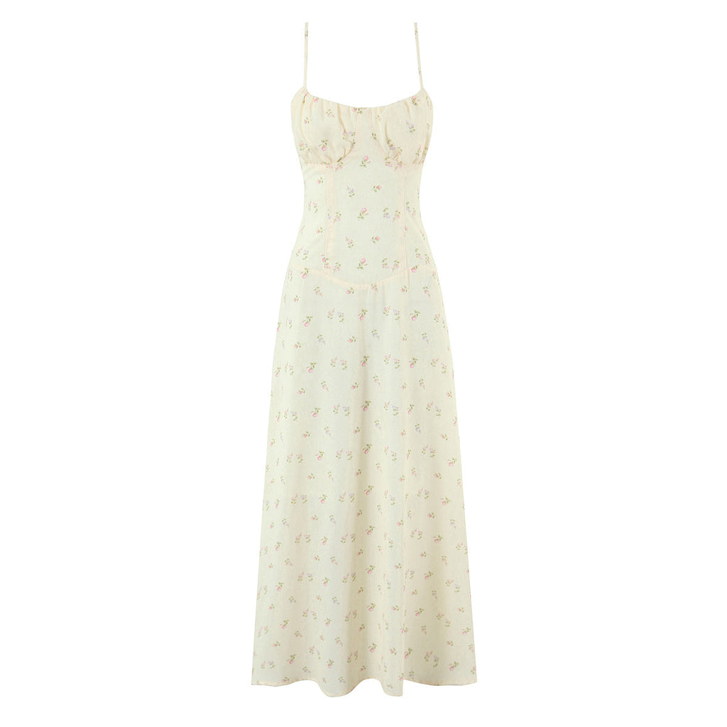 Women Clothing French Yellow Floral Drawstring Strap Dress Summer Sweet Slim Fit Vacation Beautiful Dress