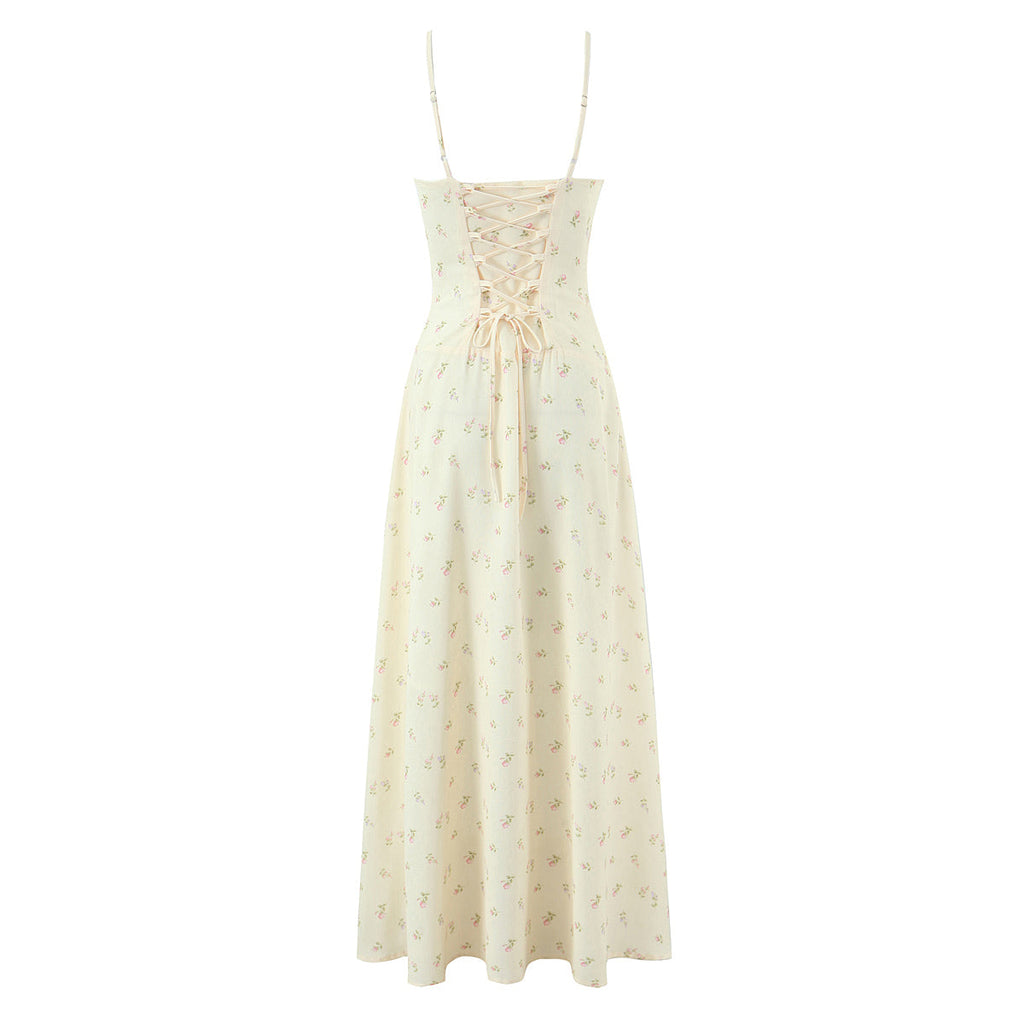 Women Clothing French Yellow Floral Drawstring Strap Dress Summer Sweet Slim Fit Vacation Beautiful Dress