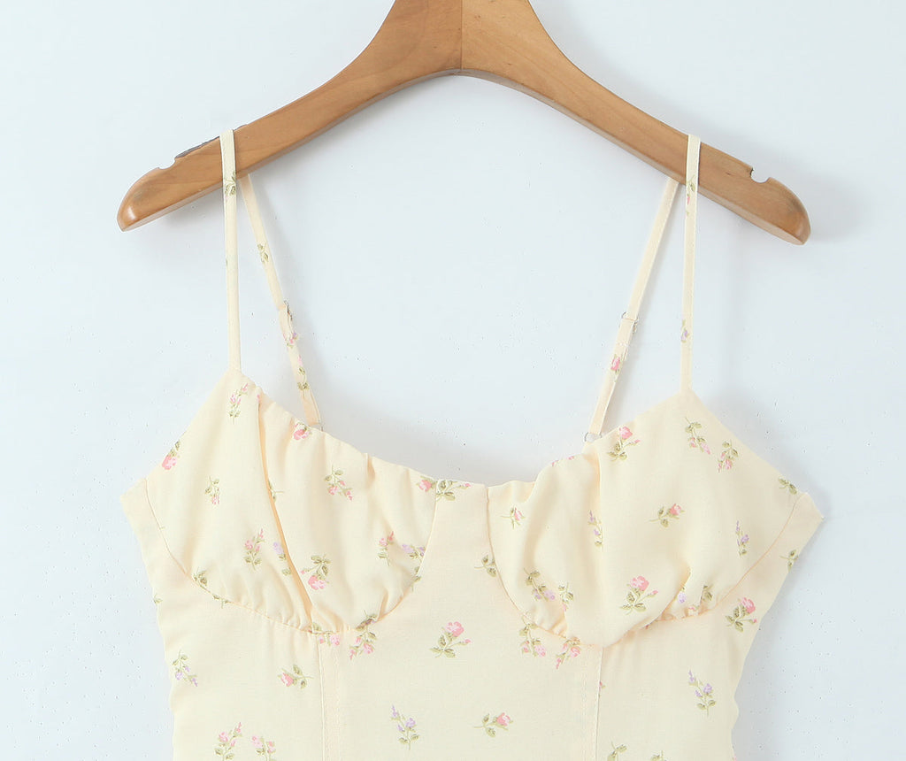 Women Clothing French Yellow Floral Drawstring Strap Dress Summer Sweet Slim Fit Vacation Beautiful Dress