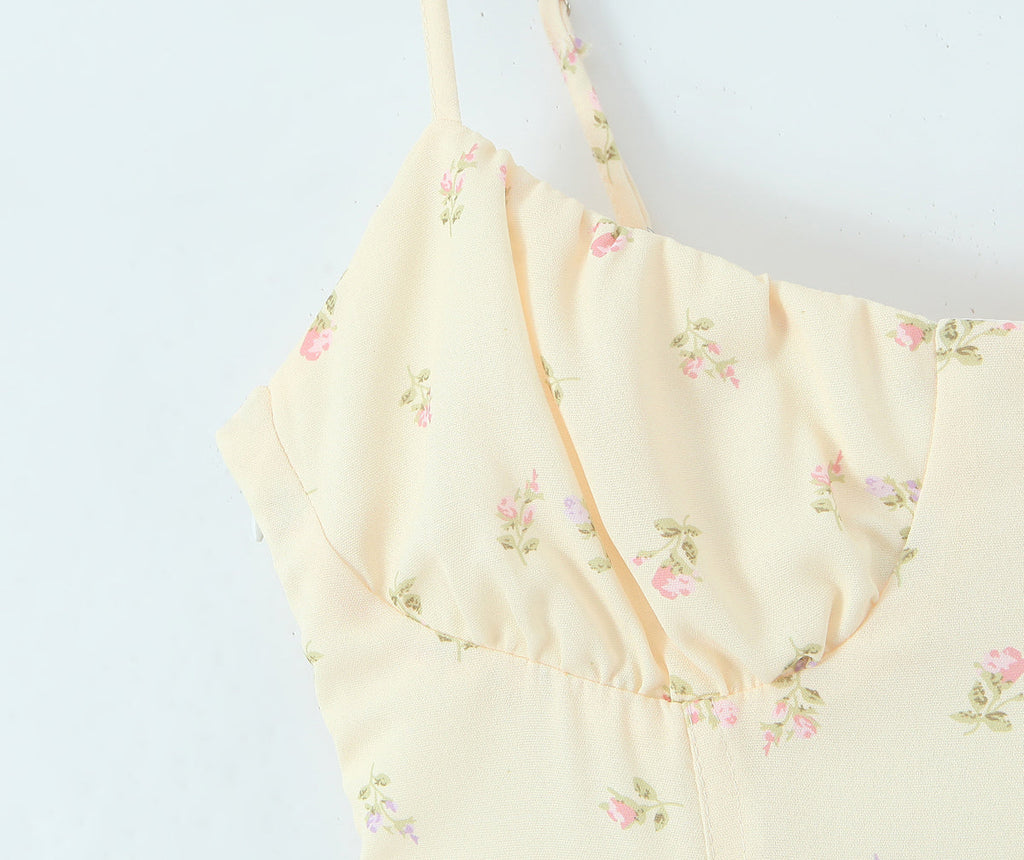 Women Clothing French Yellow Floral Drawstring Strap Dress Summer Sweet Slim Fit Vacation Beautiful Dress