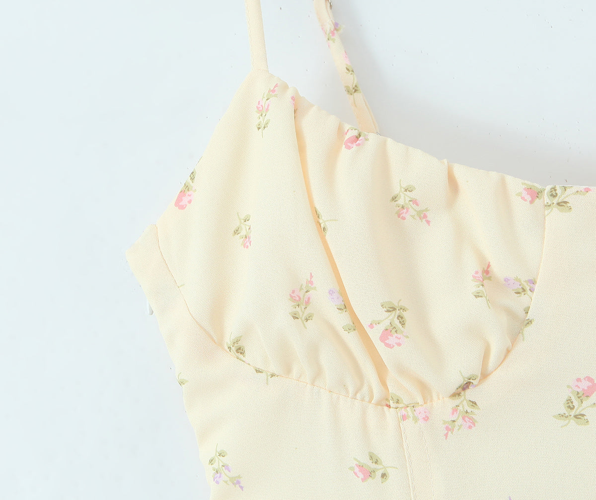 Women Clothing French Yellow Floral Drawstring Strap Dress Summer Sweet Slim Fit Vacation Beautiful Dress