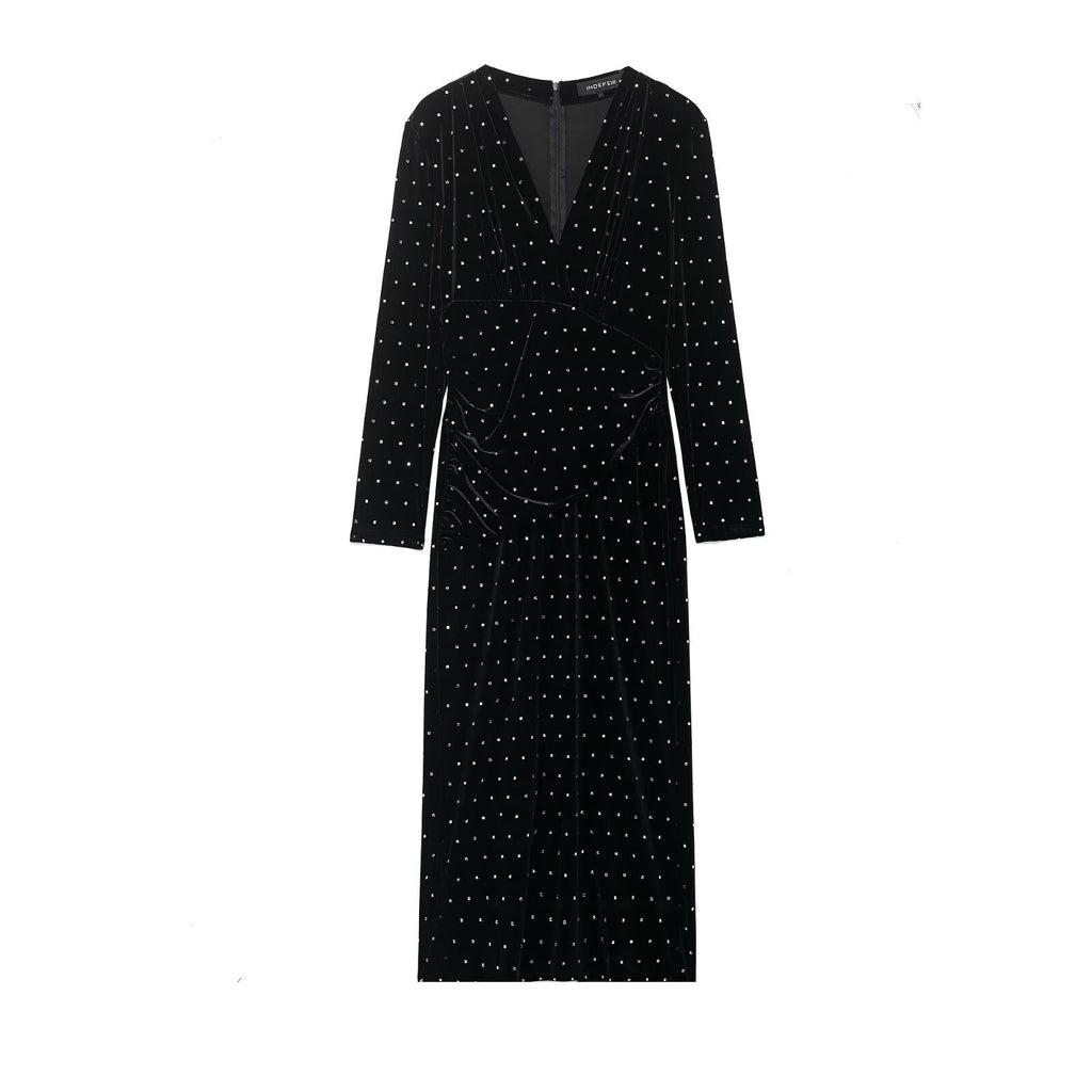 Women Clothing Autumn Bright Beaded Velvet Midi Dress