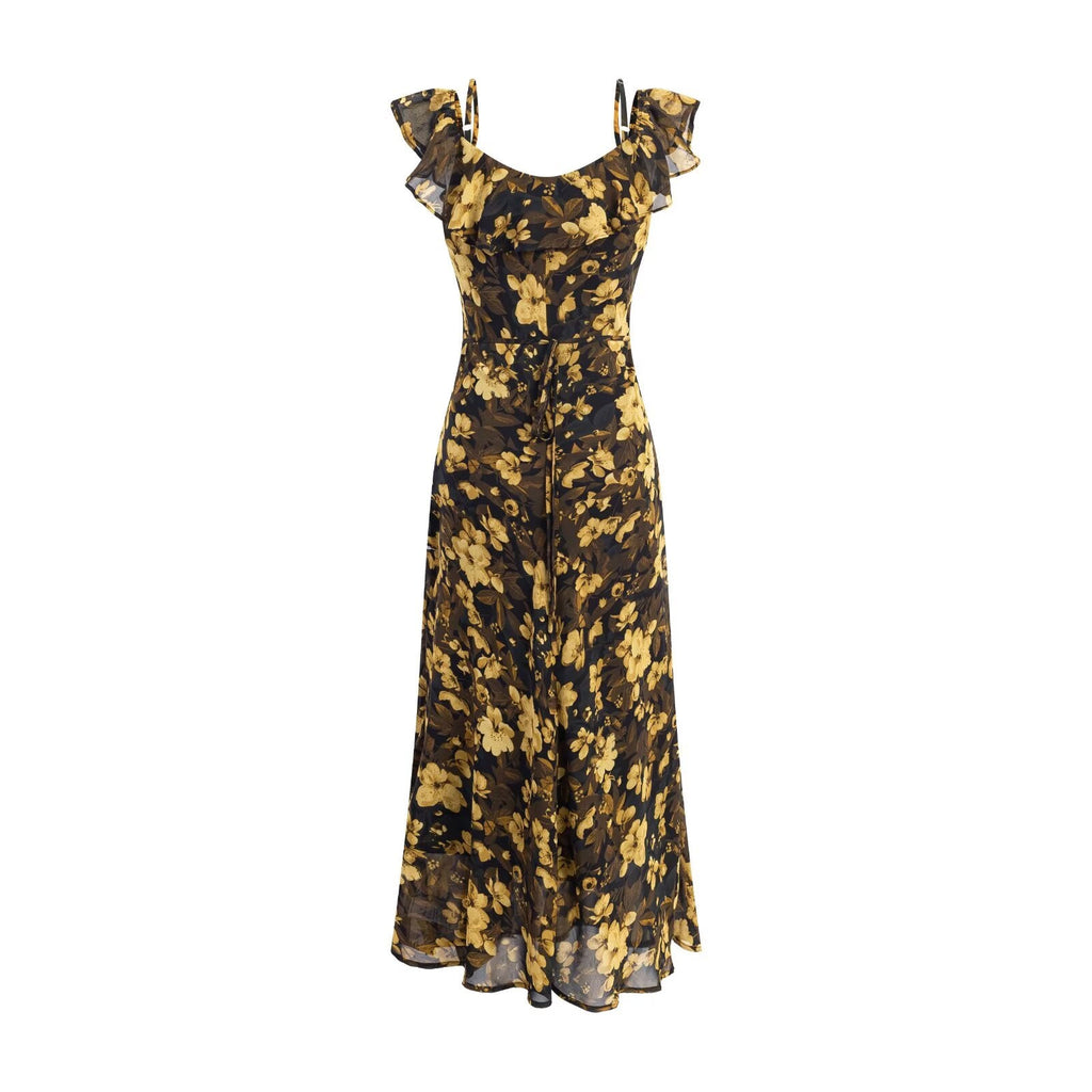 Vintage Floral Ruffled Stitching Elegant Dress Summer Tight Waist Slim Fit Seaside Holiday Midi Dress Women