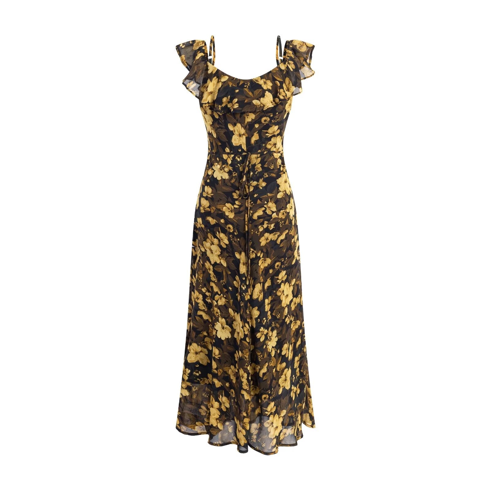 Vintage Floral Ruffled Stitching Elegant Dress Summer Tight Waist Slim Fit Seaside Holiday Midi Dress Women