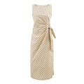 Polka Dot Design Pleated Waist Tight Lace up Side Slit round Neck Sleeveless Dress Women Slim Fit Maxi Dress