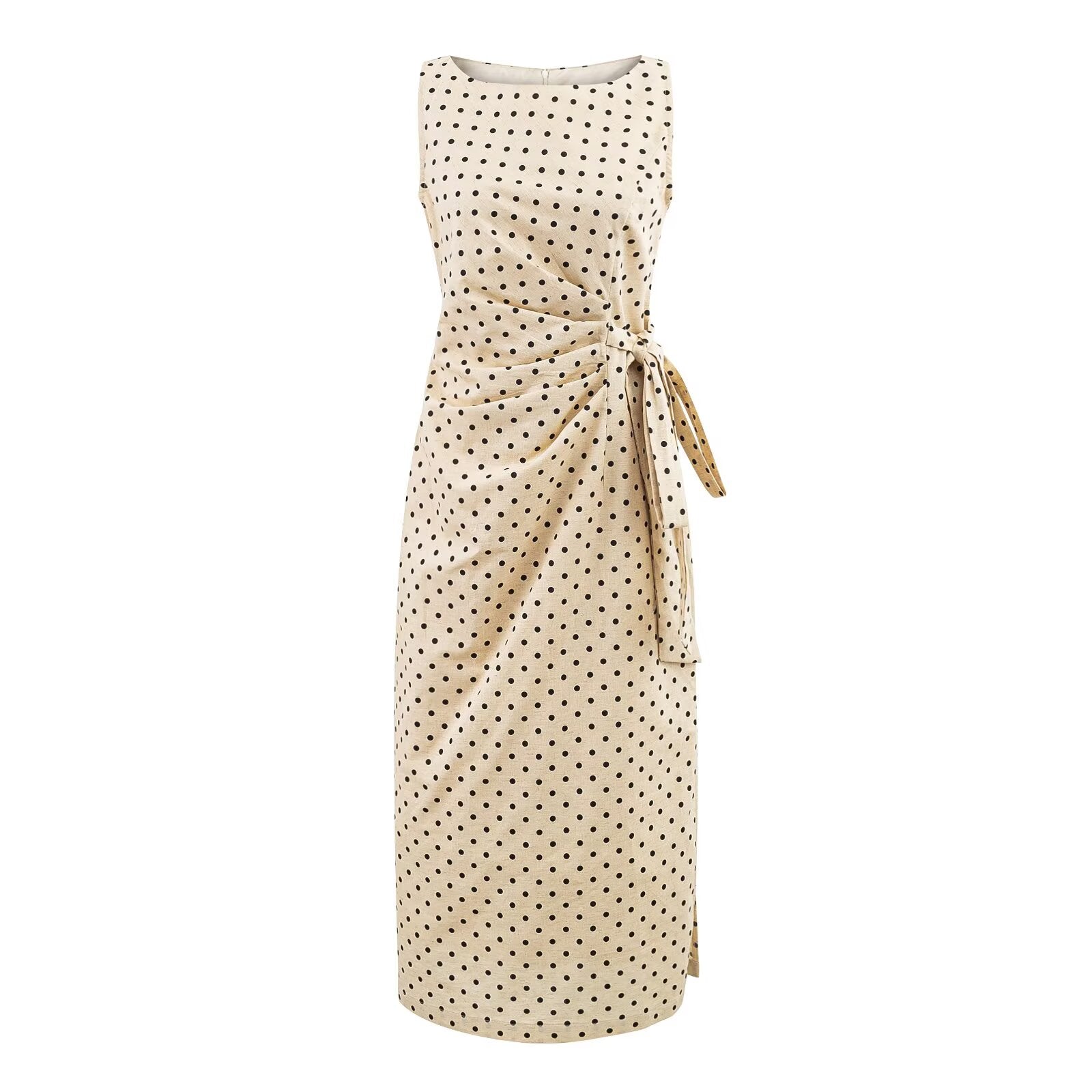 Polka Dot Design Pleated Waist Tight Lace up Side Slit round Neck Sleeveless Dress Women Slim Fit Maxi Dress