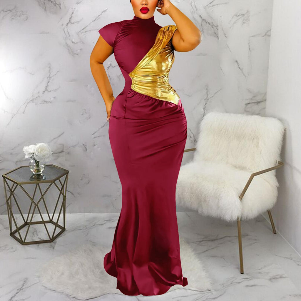 Women Clothing Color Contrast Bronzing Sexy Slim Dress