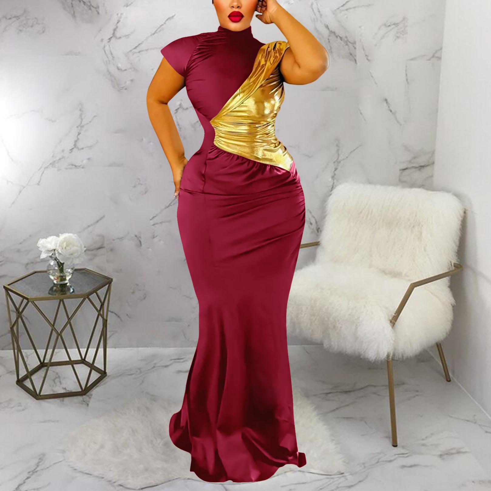 Women Clothing Color Contrast Bronzing Sexy Slim Dress