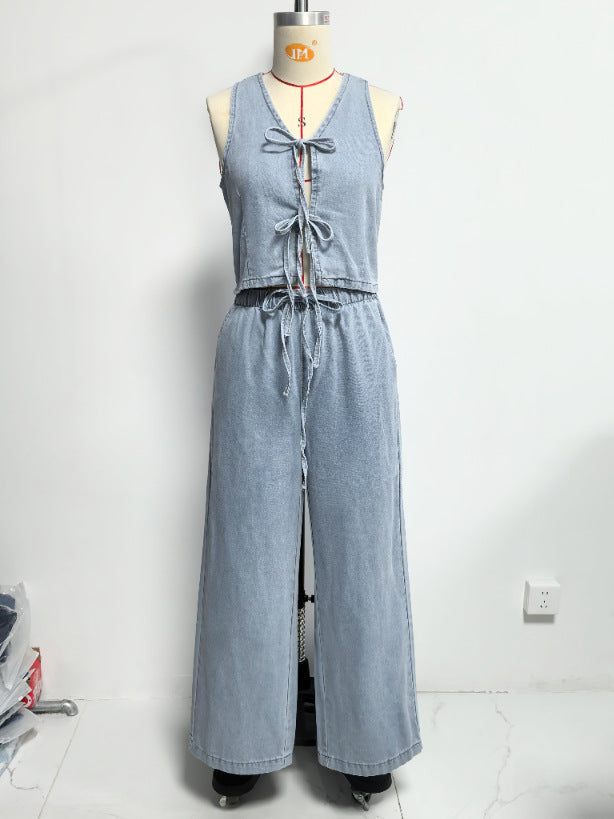 Women Spring Summer Sleeveless Lace up Vest Lace up Wide Leg Jeans Denim Set