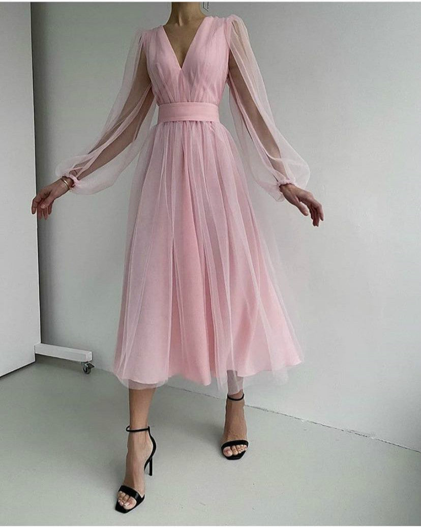 Sexy Deep V Plunge Plunge Mesh Bubble Long Sleeve Dress Slim Waist Dress