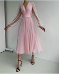 Sexy Deep V Plunge Plunge Mesh Bubble Long Sleeve Dress Slim Waist Dress