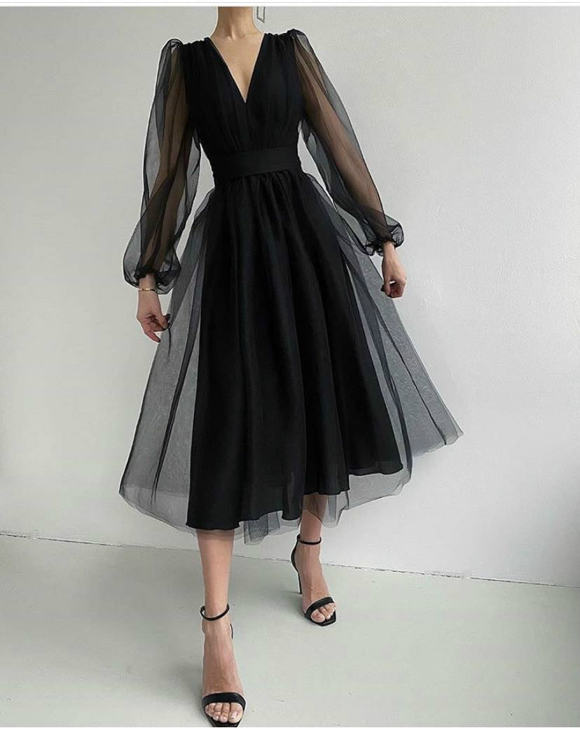 Sexy Deep V Plunge Plunge Mesh Bubble Long Sleeve Dress Slim Waist Dress