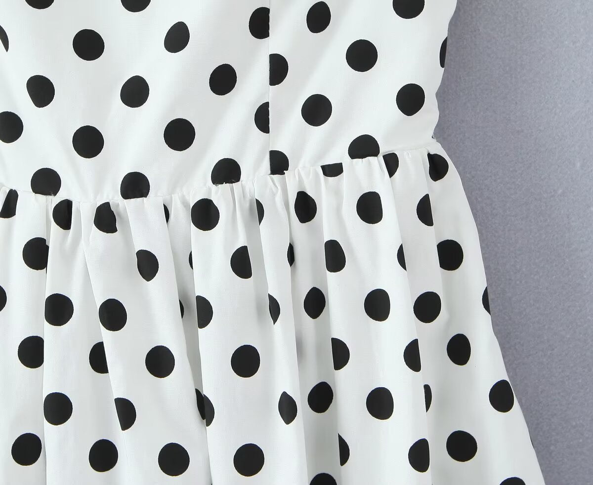 French Retro Dots Printed Lace Trim Holiday Dress Summer Waist Trimming Lace up Slim Fit Holiday Cami Long Dress