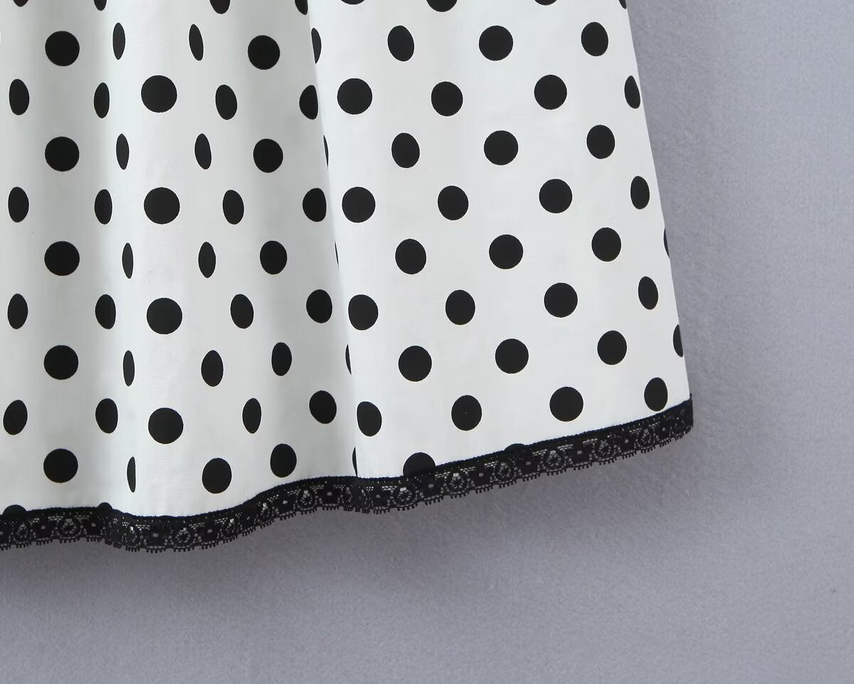 French Retro Dots Printed Lace Trim Holiday Dress Summer Waist Trimming Lace up Slim Fit Holiday Cami Long Dress
