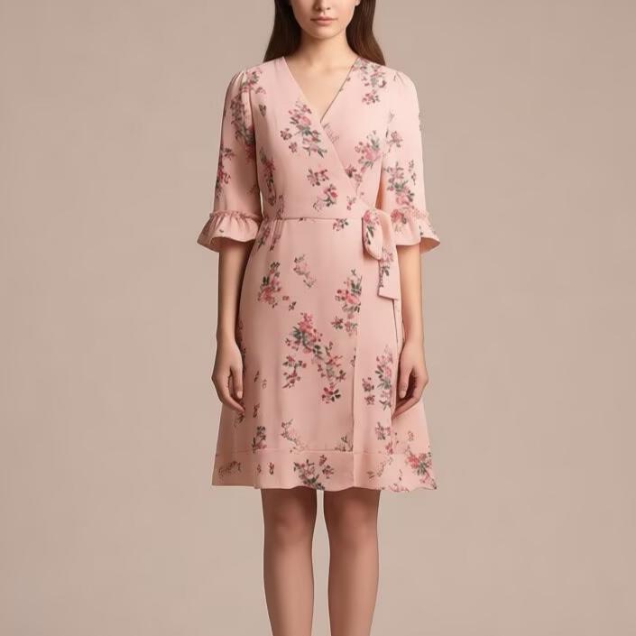 Spring French Floral Printed V neck Ruffled Cropped Sleeve Lace up Stomach Blanket Dress