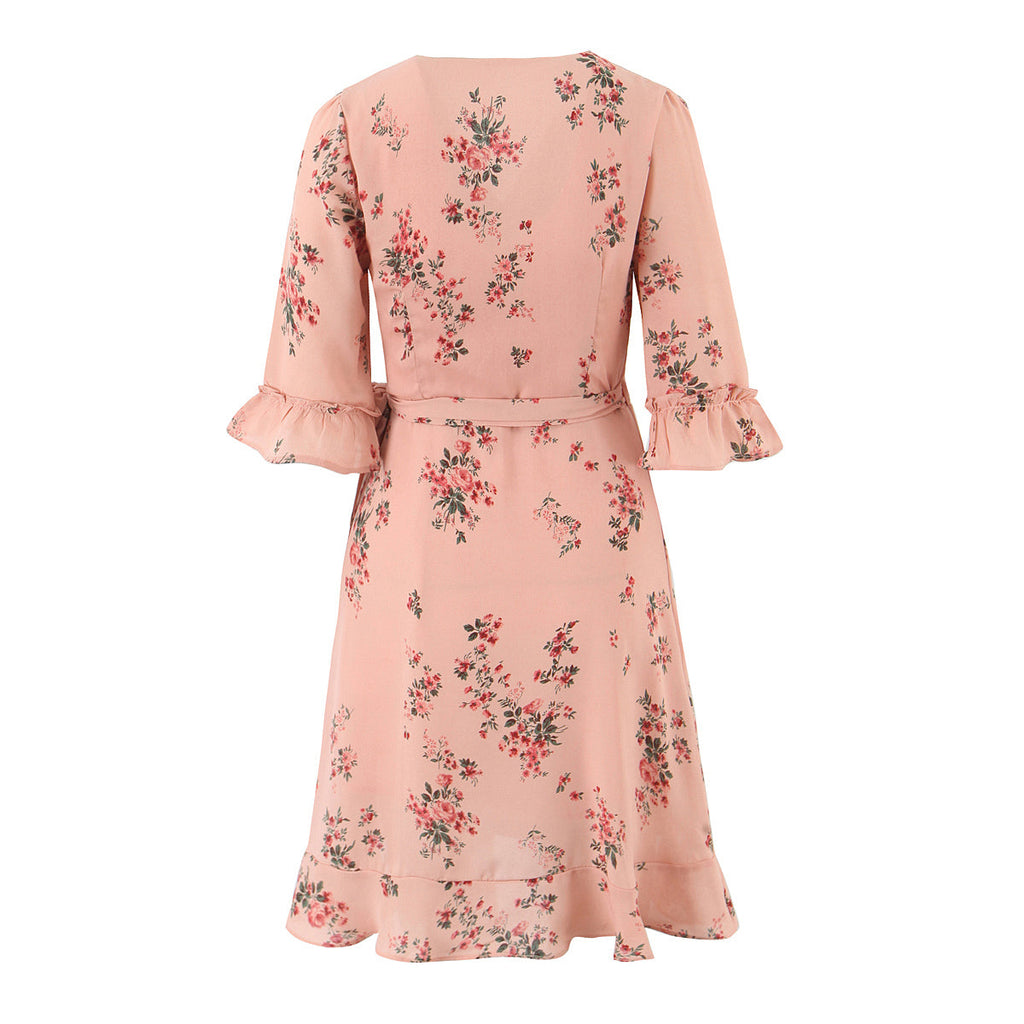 Spring French Floral Printed V neck Ruffled Cropped Sleeve Lace up Stomach Blanket Dress