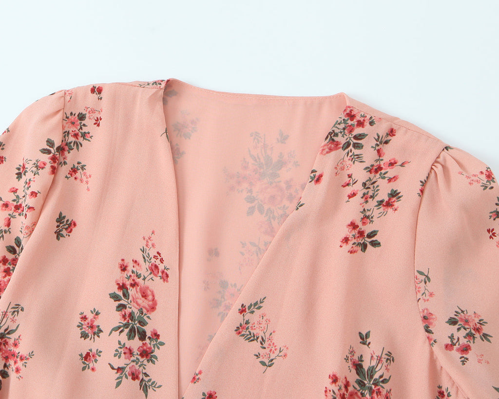 Spring French Floral Printed V neck Ruffled Cropped Sleeve Lace up Stomach Blanket Dress