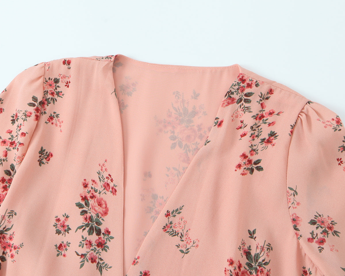 Spring French Floral Printed V neck Ruffled Cropped Sleeve Lace up Stomach Blanket Dress