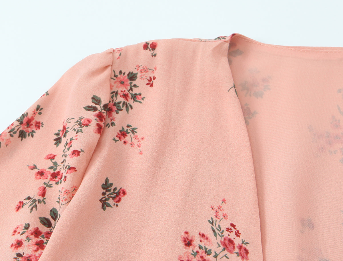 Spring French Floral Printed V neck Ruffled Cropped Sleeve Lace up Stomach Blanket Dress